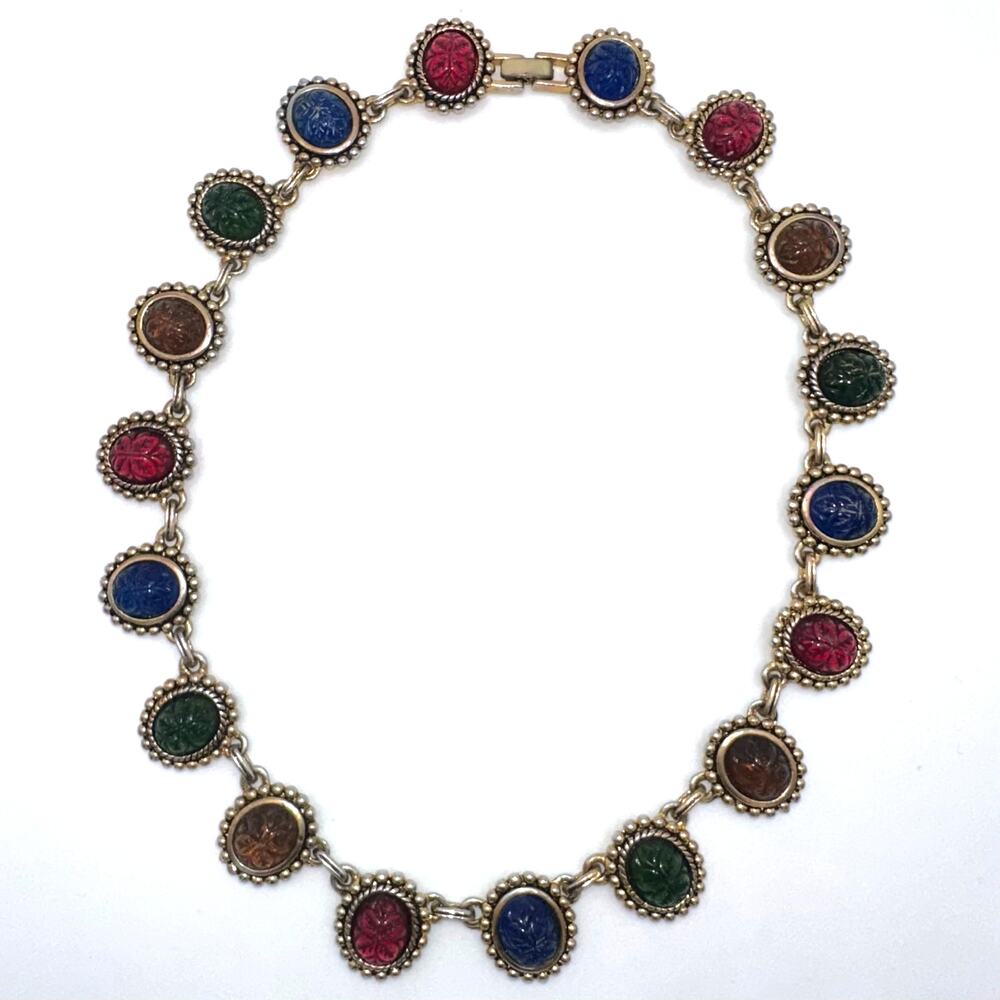 Vintage gold tone multicolor carved floral lucite cabochons chain necklace